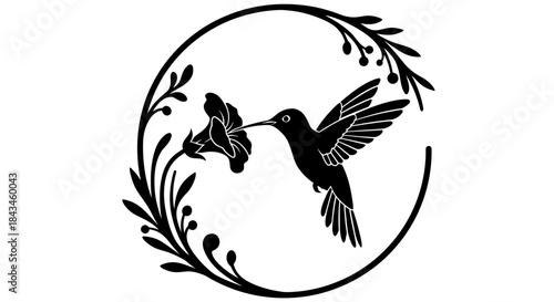 Black silhouette of a hummingbird feeding from a flower, encircled by an elegant floral wreath.