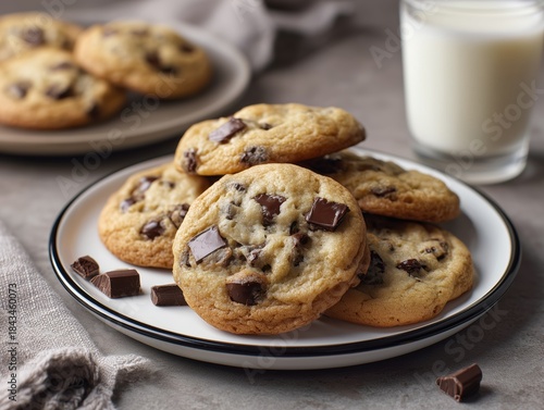 Fresh Chocolate Chip Cookies with Milk on Plate