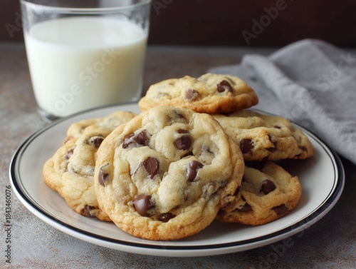 Fresh Chocolate Chip Cookies with Milk on Plate