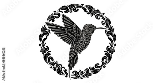 Black and white intricate illustration of a hummingbird with detailed patterns, flying within an ornate circular decorative frame.