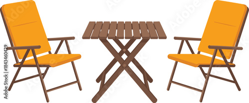 A Charming Vector Illustration of Outdoor Patio Furniture Featuring Two Foldable Orange Deck Chairs and a Wooden Slatted Folding Table for Balcony Garden or Cafe.