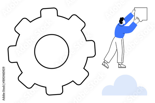 Workflow concept. Gear and person interacting with cloud, workflow efficiency and systems management. Workflow improving productivity and task integration. For technology, teamwork, data management