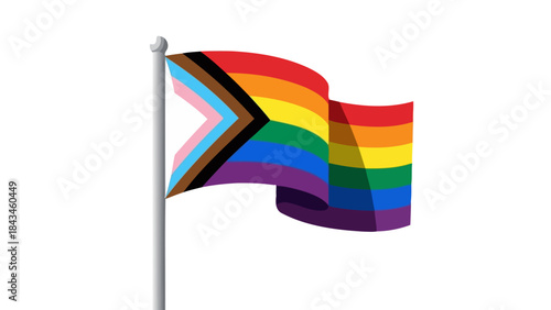 Progress Pride Flag Waving on Pole, Rainbow Stripes with Forward Design