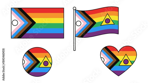 Progress Pride Flag Designs in Rectangle, Waving Flag, Circle, and Heart Shapes