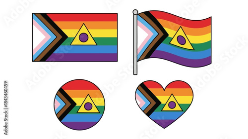 Progress Pride Flag Variations: Rectangle, Waving, Circle, and Heart Icons