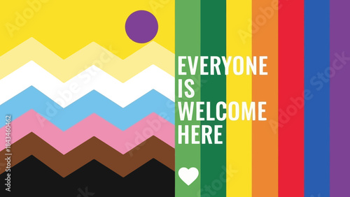 Inclusive Pride Flag with "Everyone Is Welcome Here" Message and Abstract Landscape