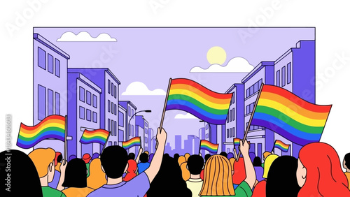 Diverse Crowd Celebrating with Rainbow Flags in a City Parade