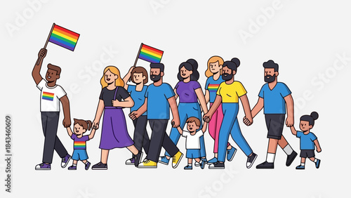Diverse Group of People with Children Marching in a Pride Parade Holding Flags