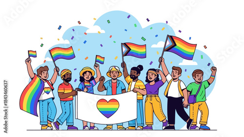 Diverse People Celebrate Pride Month with Rainbow Flags and Confetti
