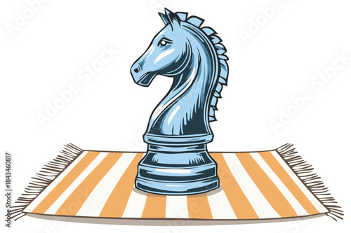 Stylized chess knight piece with metallic sheen standing on a striped rug, isolated on white.