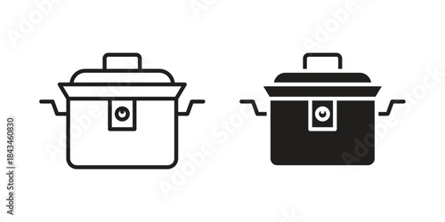 Crock pot icons. Solid black silhouette and line art outline. Minimal design element,