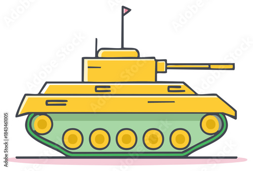 Vibrant yellow cartoon military tank with green tracks and small flag on top flat design illustration