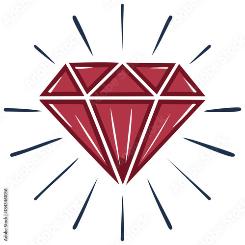 Hand drawn ruby gemstone with radiating light beams illustration