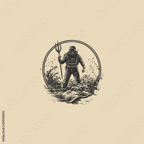 Vintage hand drawn illustration of a powerful warrior holding a trident standing on rocks amidst ocean waves, engraving style vector