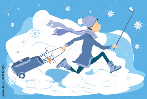 Winter. Golfer woman running to play golf