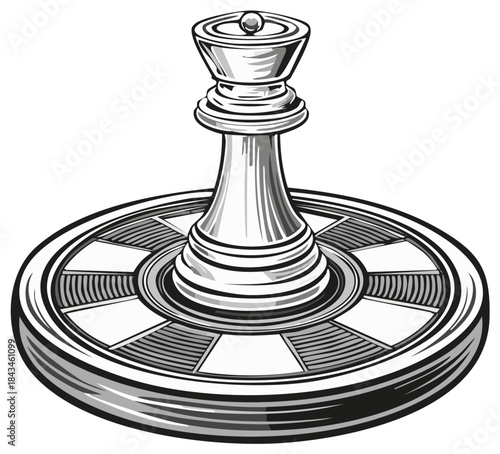 Detailed monochrome vector illustration of a chess queen on a circular stand