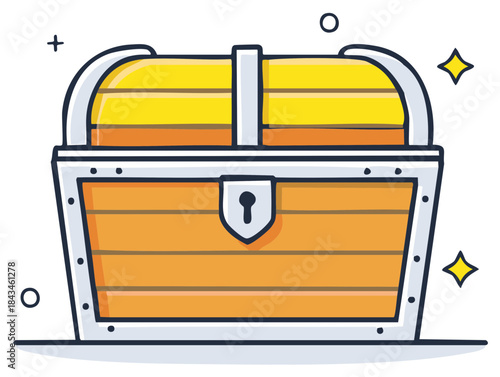 Cartoon Treasure Chest Illustration with Gold, Wooden Planks, Metal Frame, and Stars