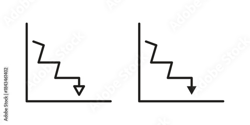 Decrease icons. Solid black silhouette and line art outline. Minimal design element,