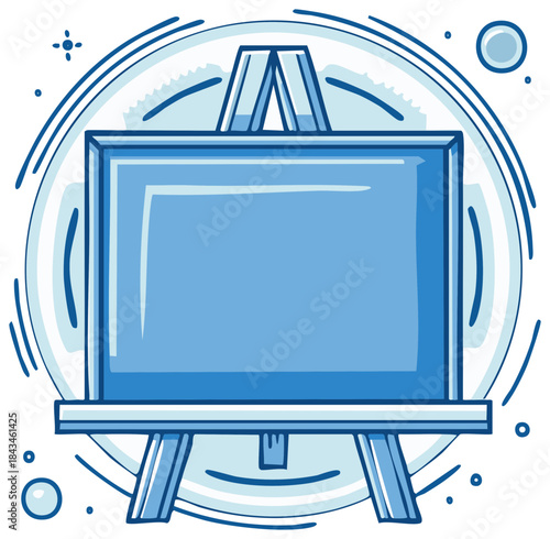 Chalkboard easel for art in blue sketch style on white backdrop