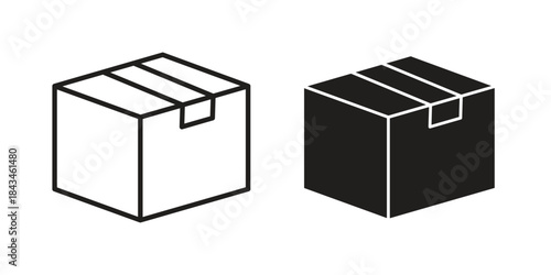 Delivering box icons. Solid black silhouette and line art outline. Minimal design element,