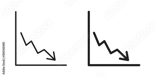 Decrease icons. Solid black silhouette and line art outline. Minimal design element,