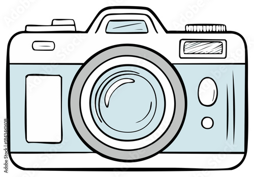 Cute Hand Drawn Retro Camera Illustration with Light Blue and Grey Details for Photography