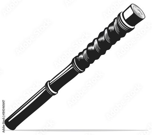 Black baton with textured handle and metallic end cap isolated vector illustration