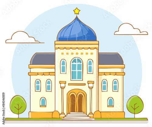 Cartoon Illustration of Synagogue with Star, Trees, and Clouds, Flat Design