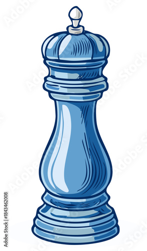 Ornate blue pepper mill grinder illustration resembling a chess piece