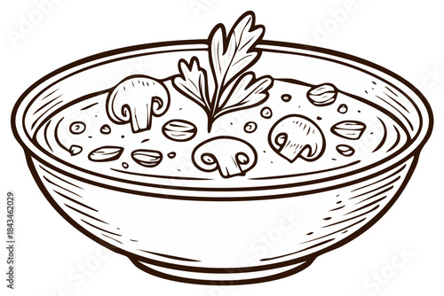 Delicious Creamy Mushroom Soup in a Bowl Line Art Illustration