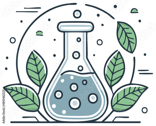 Organic Laboratory Flask with Bubbles and Leaves in Circular Arrangement