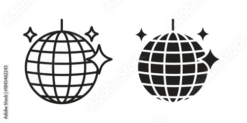 Disco ball icons. Solid black silhouette and line art outline. Minimal design element,