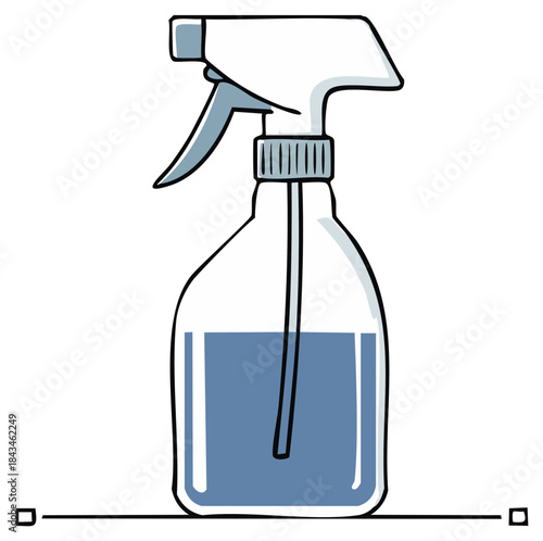 Cartoon illustration of a spray bottle with blue liquid. Cleaning supplies, vector illustration