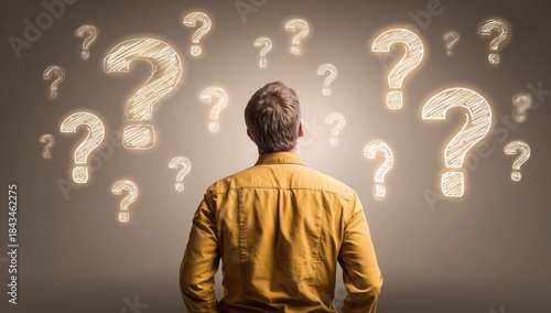 A man is standing with his back to the camera, looking at many question marks floating in front of him.