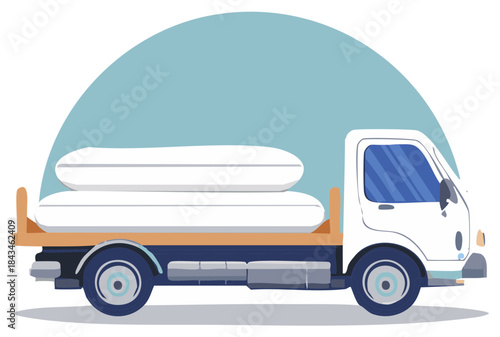 Cartoon delivery truck with a load of mattresses and pillows against blue background