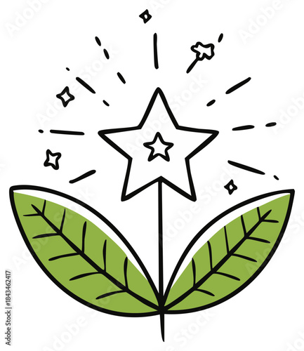 A sparkling star emerges from green leaves in a hand drawn illustration of growth and magic