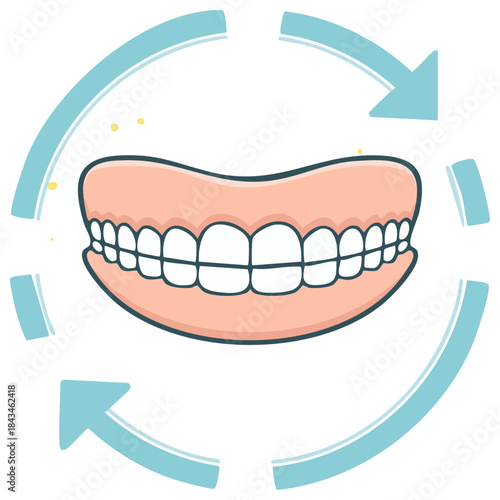 Dental denture teeth cleaning with arrows, dental care concept, oral hygiene, stomatology, cleaning products, mouth health, fresh breath.