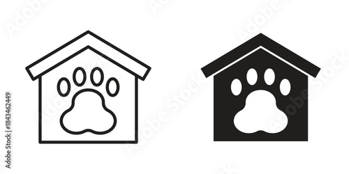 Dog Shelter icons. Solid black silhouette and line art outline. Minimal design element,