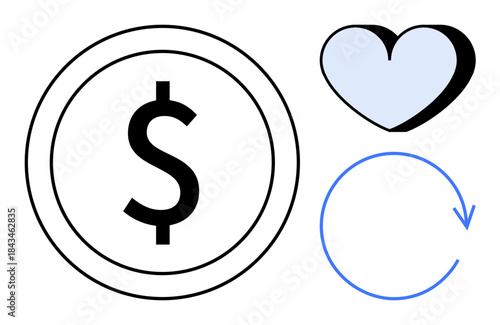Charity, financial sustainability, circular economy, donation, money flow, non-profits. A dollar sign, heart and circular arrow. Charity and financial sustainability related symbols for conceptual