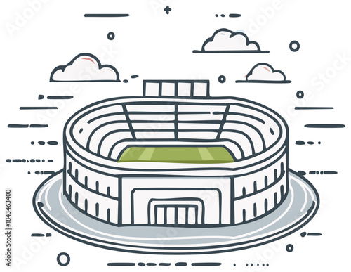 Illustrated stadium cartoon with clouds and decorative elements