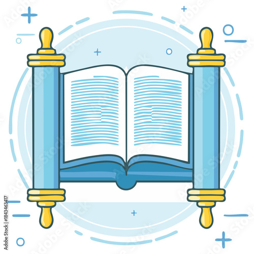 Illustration of an open Torah scroll, depicting religious text and knowledge.