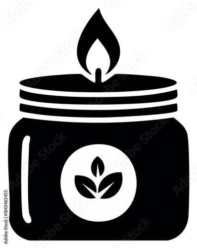 Minimalist black and white silhouette of a burning aromatherapy candle in a jar with a natural leaf logo