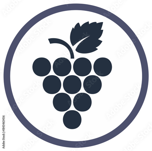 Minimalist dark grape cluster icon with leaf and stem inside a purple circle