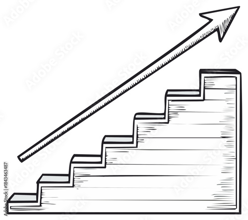 Hand drawn sketch of stairs and an upward arrow symbolizing growth, progress, and success