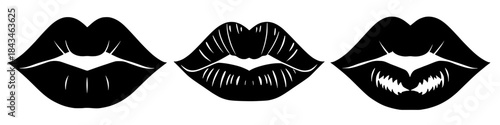 Black Kiss Marks: An artistic display of lips, presented in a trio of elegant black shapes, embodies intimacy, desire, and silent expressions.