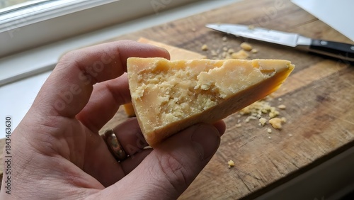 Hand Holding Slice of Hard Cheese on Wooden Cutting Board.