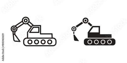 Excavator icons. Solid black silhouette and line art outline. Minimal design element,