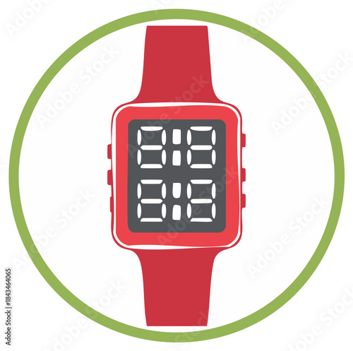 Simple Digital Watch Icon in Red with Green Circle - Timekeeping Accessory Design Element