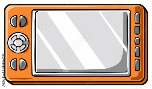 Cartoon Illustration of Orange Retro Game Console with Buttons and Display