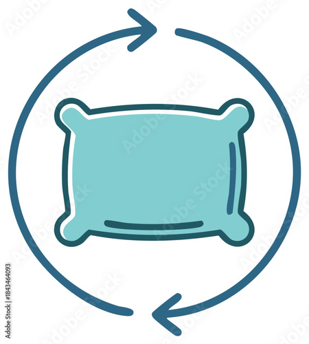 Fresh sleeping practices depicted by a blue pillow surrounded by cyclical rotation arrows, promoting hygiene and comfort in bedding.